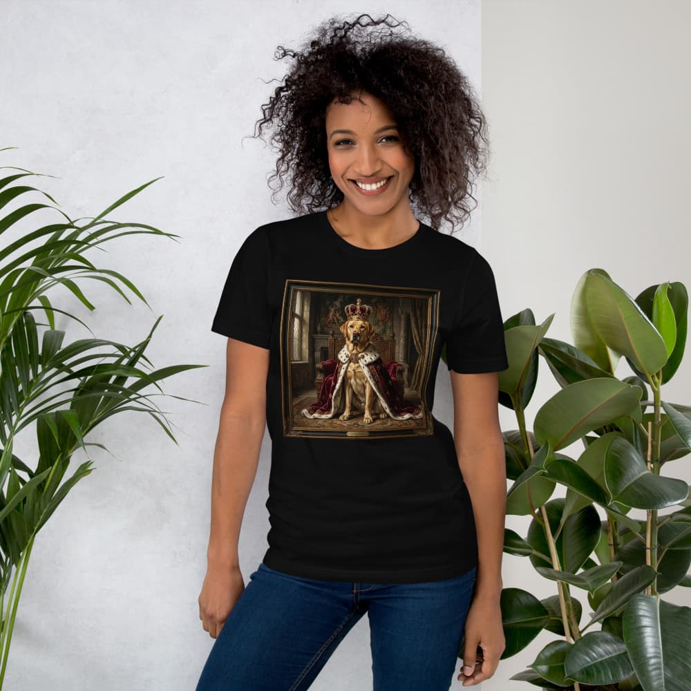 Renaissance pet portrait printed on a black t-shirt.