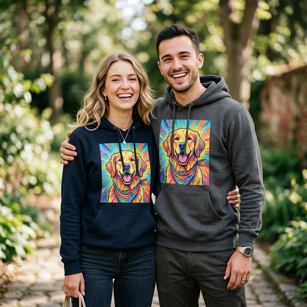 Custom pet portrait apparel previews on shirts and hoodies