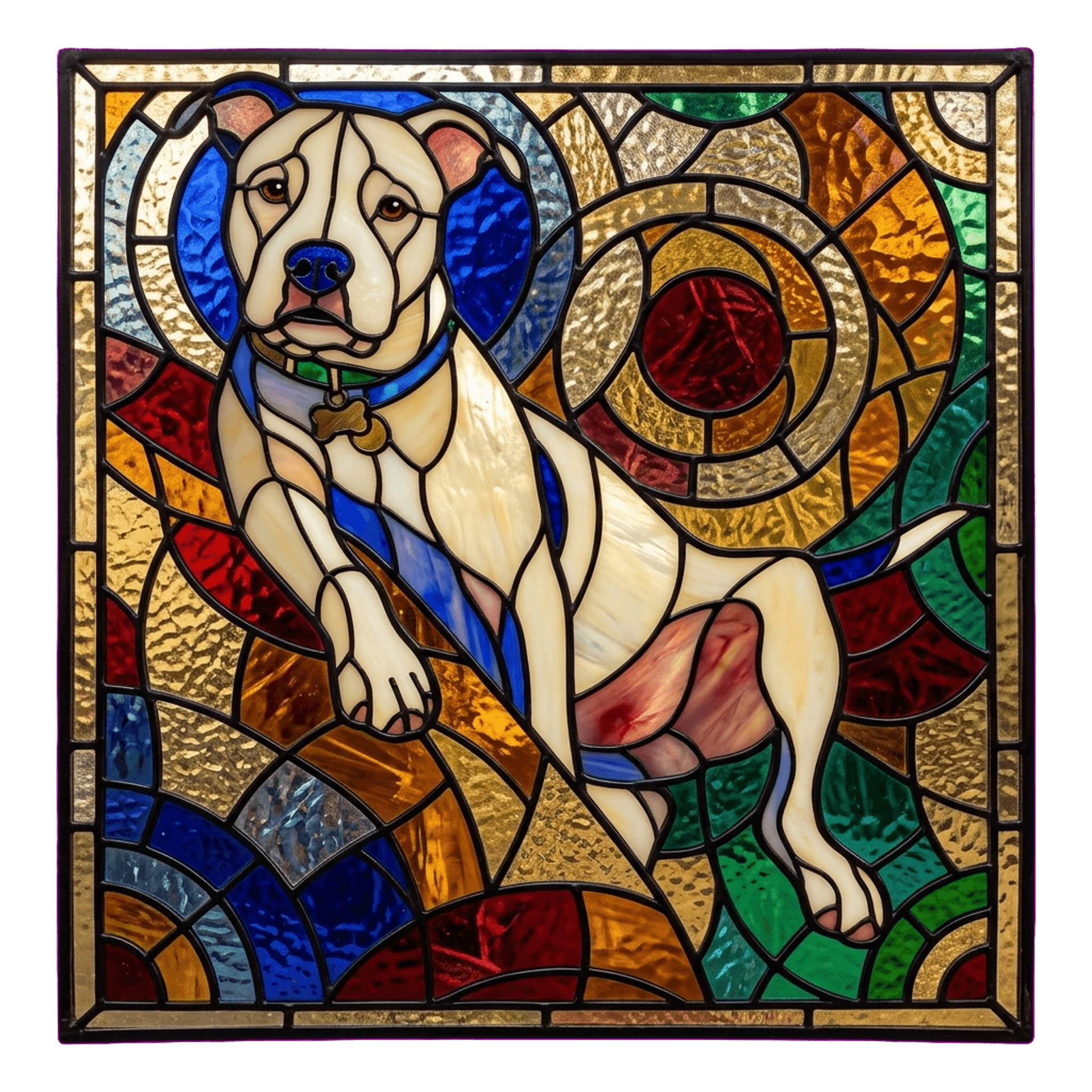 Stained glass pet portrait shown as a custom shirt design.