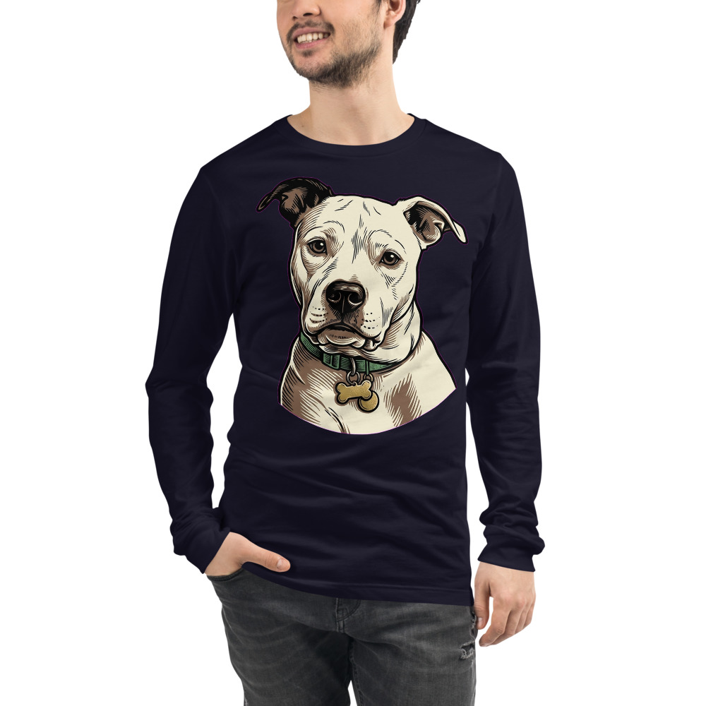 Cash Linocut Portrait pet portrait generated with Gemini and rendered on a Navy Long Sleeve Pet Tee.