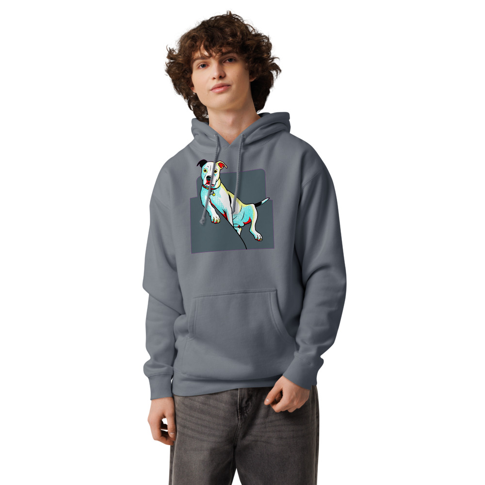 Cash Pop Art pet portrait generated with Gemini and rendered on a Storm Blue Premium Pet Hoodie.