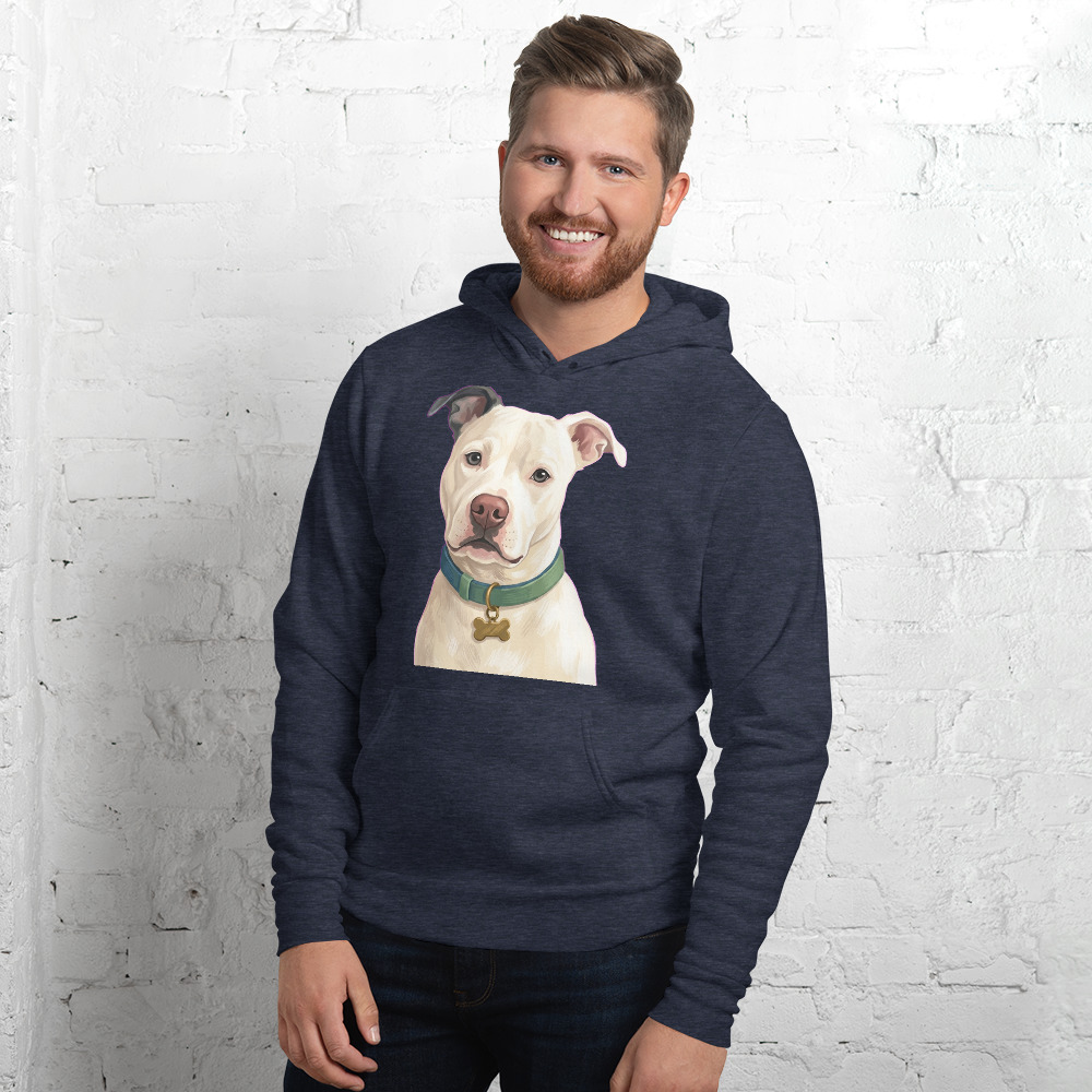 Cash Storybook Gouache pet portrait generated with Gemini and rendered on a Heather Navy Lightweight Pet Hoodie.