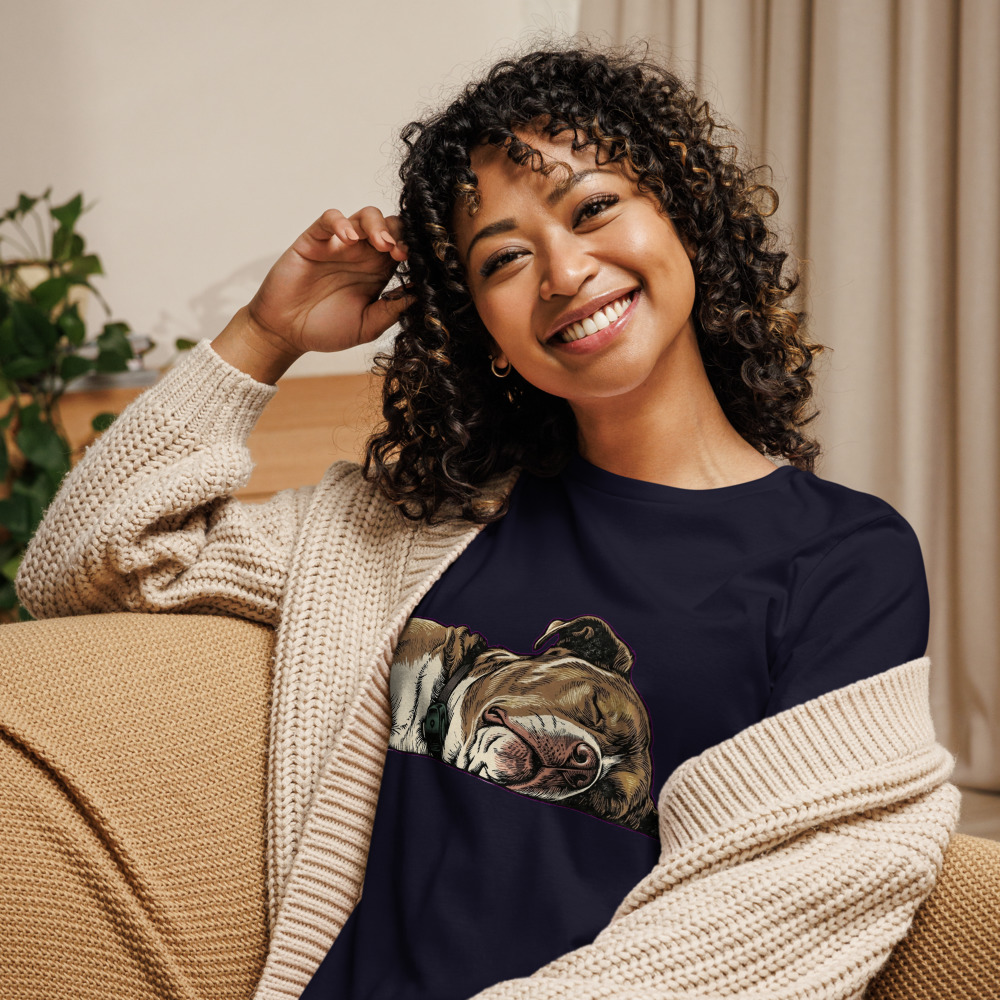 Lucy Linocut Portrait pet portrait generated with Gemini and rendered on a Navy Women's Pet Portrait Tee.