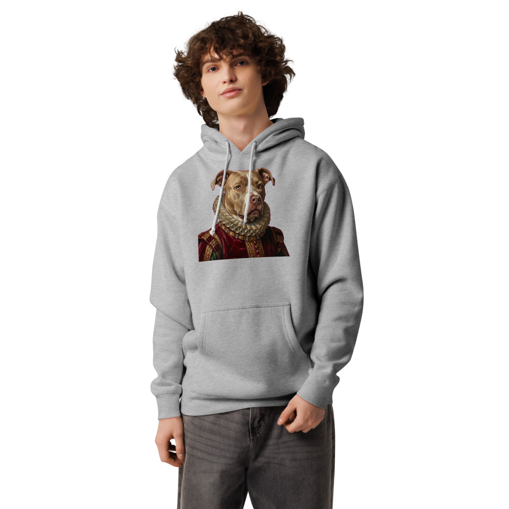 Lucy Renaissance Royal pet portrait generated with Gemini and rendered on a Grey Heather Premium Pet Hoodie.