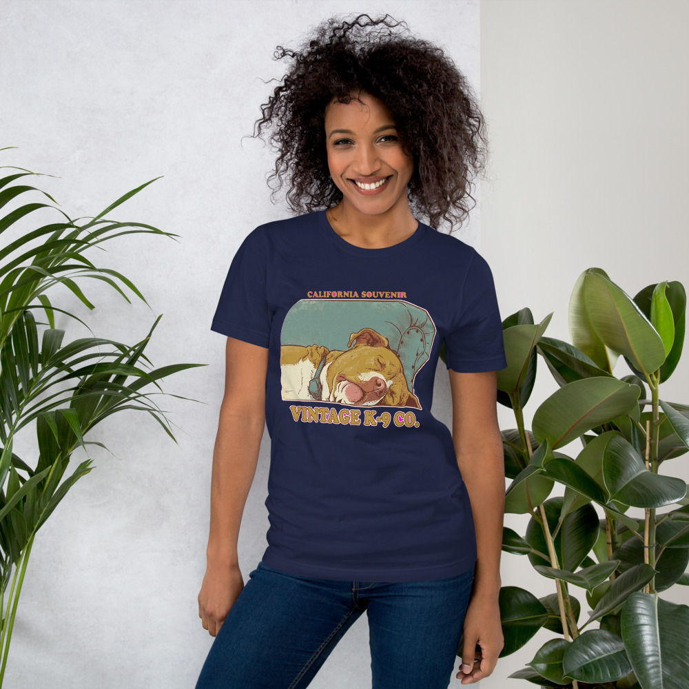 Lucy Vintage pet portrait generated with Gemini and rendered on a Navy Classic Pet Portrait Tee.